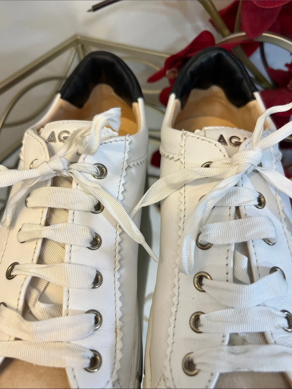 AGL White Leather Sneakers with Black Heel and Beige Suede Toe Size 38 (US 8)